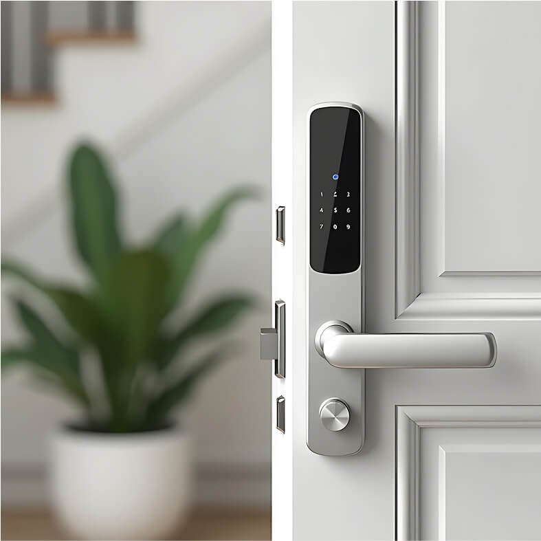 Smart lock installed on a white door